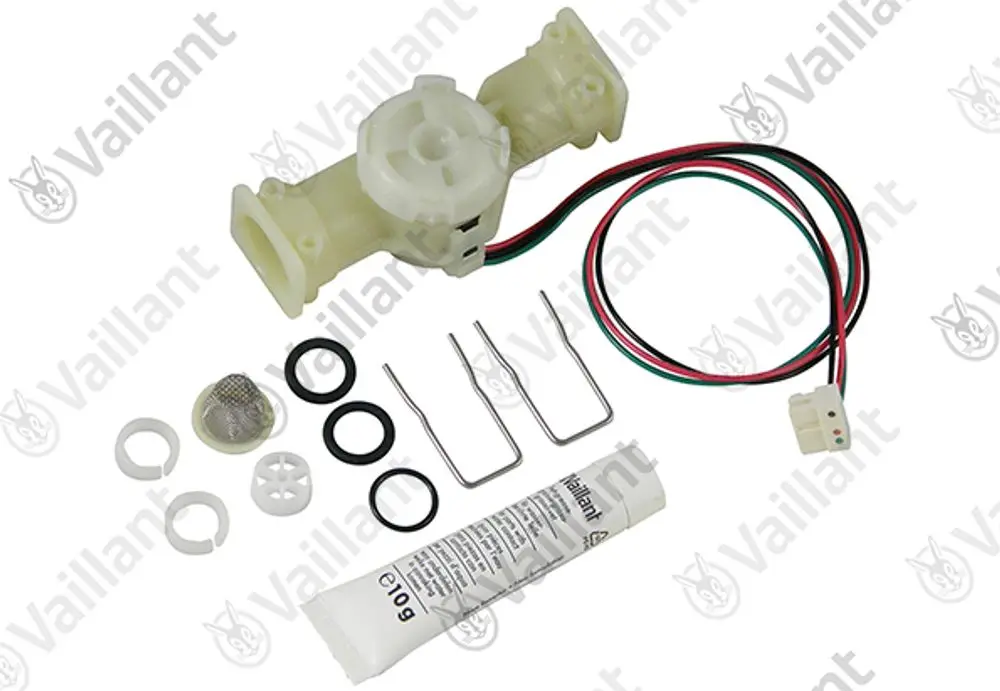 Vaillant Flügelrad mit Zubehörteilen, einschließlich Dichtungen, Entriegelungsfedern und Paste, auf einem weißen Hintergrund.